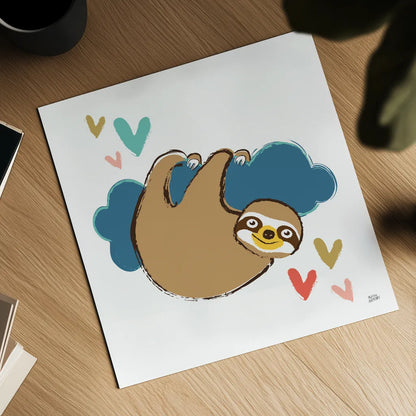 Colorful Sloth II by Melissa Averinos. Shown as a detailed flat fine art print, highlighting archival giclee quality. Available as an archival giclee rolled canvas, fine art paper, or poster print. SKU 56790a.