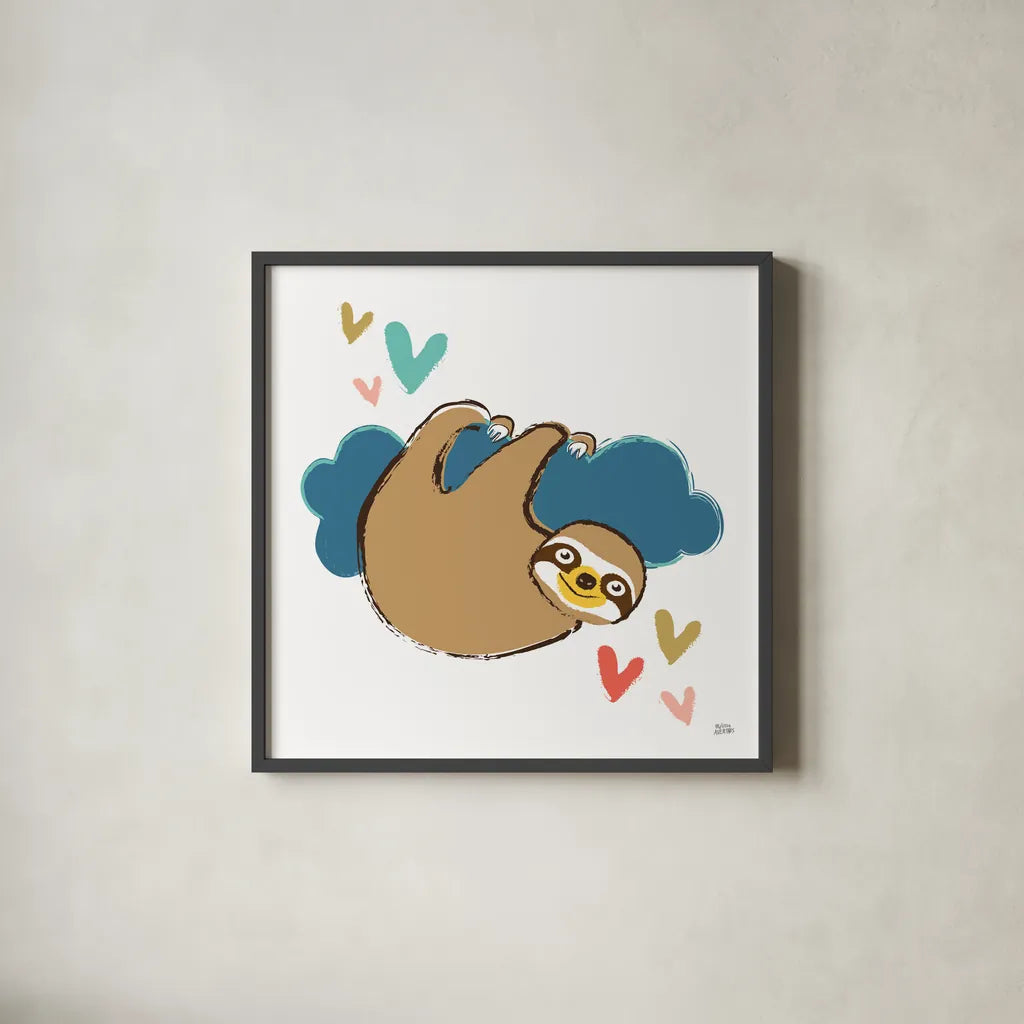 Colorful Sloth II by Melissa Averinos. Shown in a sleek black glass frame for a contemporary gallery look. Available as an archival giclee rolled canvas, fine art paper, or poster print. SKU 56790a.