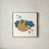 Colorful Sloth II by Melissa Averinos. Shown in a natural wood glass frame for a timeless modern aesthetic. Available as an archival giclee rolled canvas, fine art paper, or poster print. SKU 56790a.