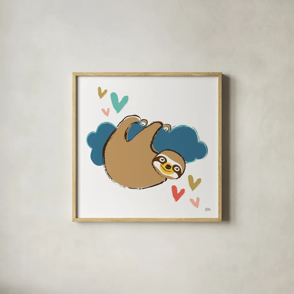 Colorful Sloth II by Melissa Averinos. Shown in a natural wood glass frame for a timeless modern aesthetic. Available as an archival giclee rolled canvas, fine art paper, or poster print. SKU 56790a.