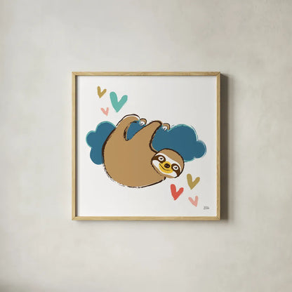 Colorful Sloth II by Melissa Averinos. Shown in a natural wood glass frame for a timeless modern aesthetic. Available as an archival giclee rolled canvas, fine art paper, or poster print. SKU 56790a.
