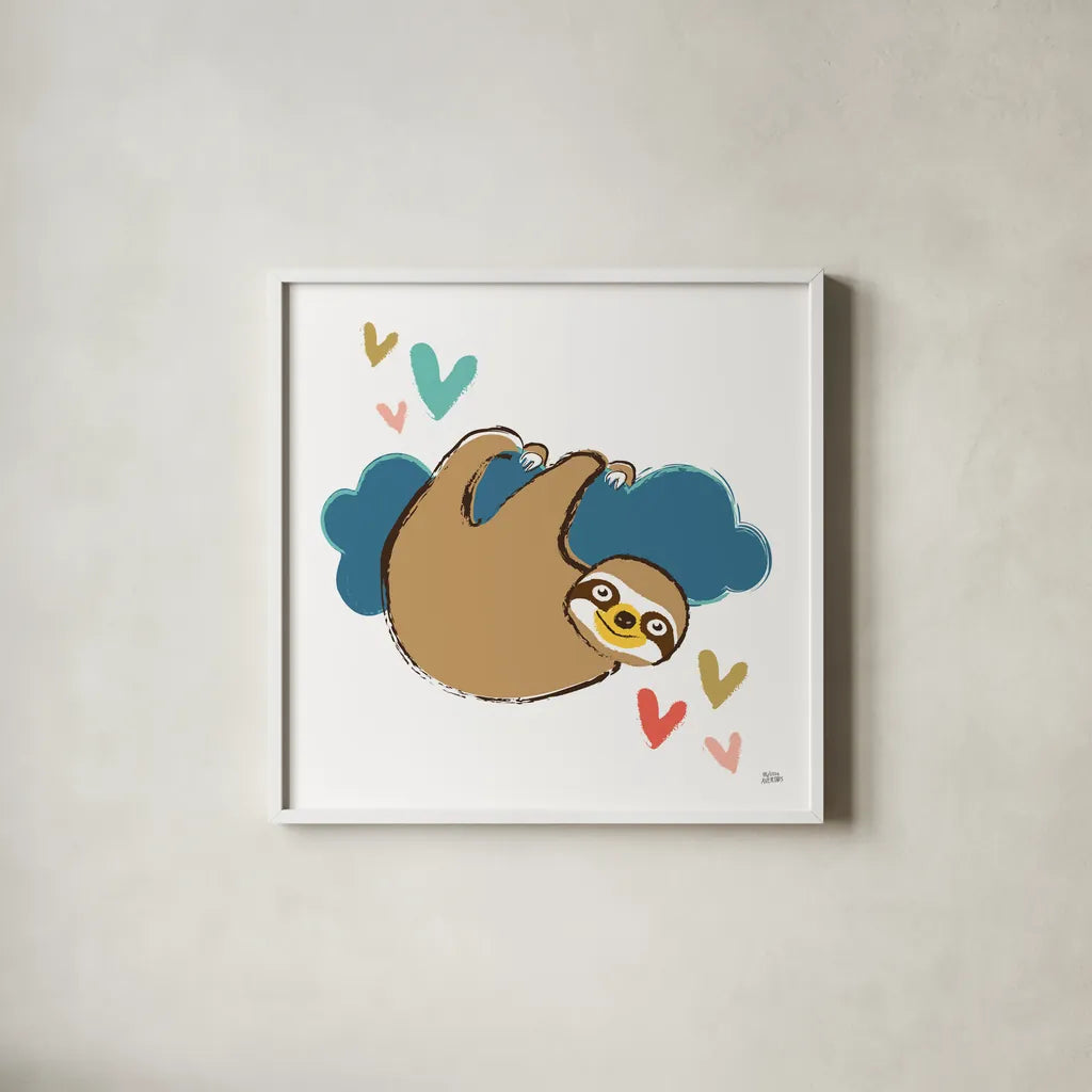 Colorful Sloth II by Melissa Averinos. Shown in a crisp white glass frame for a clean and minimalist style. Available as an archival giclee rolled canvas, fine art paper, or poster print. SKU 56790a.