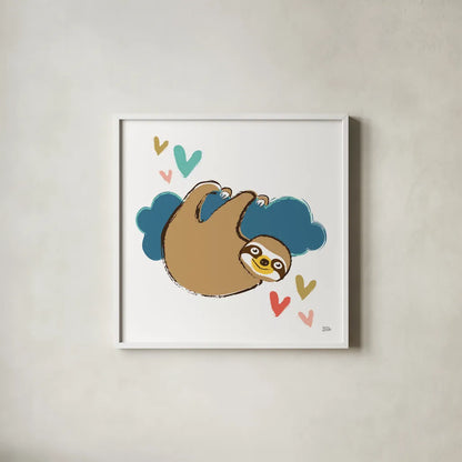 Colorful Sloth II by Melissa Averinos. Shown in a crisp white glass frame for a clean and minimalist style. Available as an archival giclee rolled canvas, fine art paper, or poster print. SKU 56790a.
