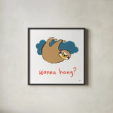 Colorful Sloth II v2 by Melissa Averinos. Shown in a sleek black glass frame for a contemporary gallery look. Available as an archival giclee rolled canvas, fine art paper, or poster print. SKU 56792a.
