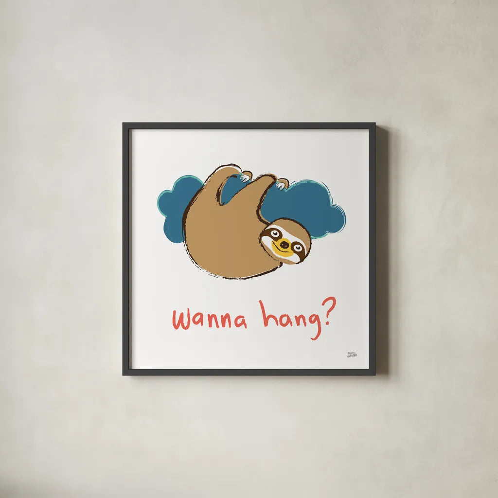 Colorful Sloth II v2 by Melissa Averinos. Shown in a sleek black glass frame for a contemporary gallery look. Available as an archival giclee rolled canvas, fine art paper, or poster print. SKU 56792a.