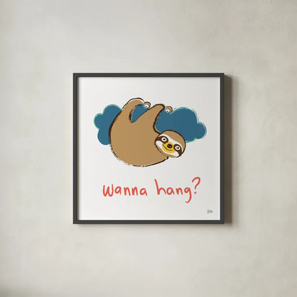 Colorful Sloth II v2 by Melissa Averinos. Shown in a sleek black glass frame for a contemporary gallery look. Available as an archival giclee rolled canvas, fine art paper, or poster print. SKU 56792a.