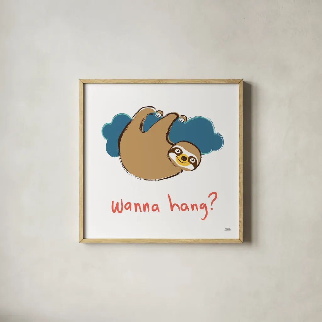 Colorful Sloth II v2 by Melissa Averinos. Shown in a natural wood glass frame for a timeless modern aesthetic. Available as an archival giclee rolled canvas, fine art paper, or poster print. SKU 56792a.