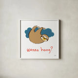 Colorful Sloth II v2 by Melissa Averinos. Shown in a crisp white glass frame for a clean and minimalist style. Available as an archival giclee rolled canvas, fine art paper, or poster print. SKU 56792a.