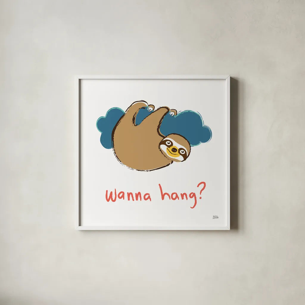 Colorful Sloth II v2 by Melissa Averinos. Shown in a crisp white glass frame for a clean and minimalist style. Available as an archival giclee rolled canvas, fine art paper, or poster print. SKU 56792a.