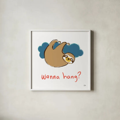 Colorful Sloth II v2 by Melissa Averinos. Shown in a crisp white glass frame for a clean and minimalist style. Available as an archival giclee rolled canvas, fine art paper, or poster print. SKU 56792a.