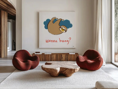 Colorful Sloth II v2 by Melissa Averinos. Shown as extra-large giant wall art in a modern living room. Available as an archival giclee rolled canvas, fine art paper, or poster print. SKU 56792a.
