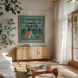 Comfy Camping III by Melissa Averinos. Shown in a natural wood frame in a cozy modern living room. Available as an archival giclee rolled canvas, fine art paper, or poster print. SKU 59739a.