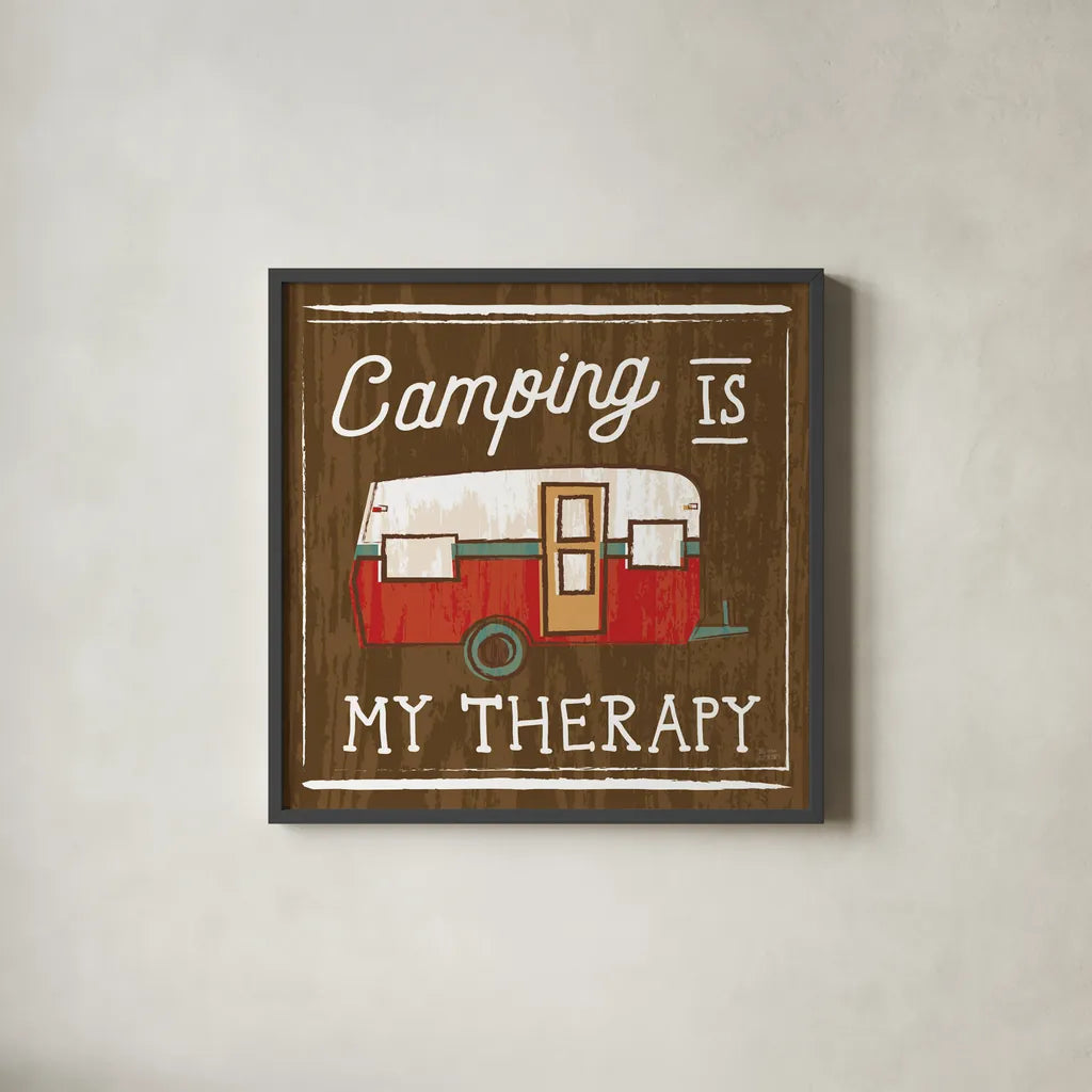 Comfy Camping IV by Melissa Averinos. Shown in a sleek black glass frame for a contemporary gallery look. Available as an archival giclee rolled canvas, fine art paper, or poster print. SKU 59740a.