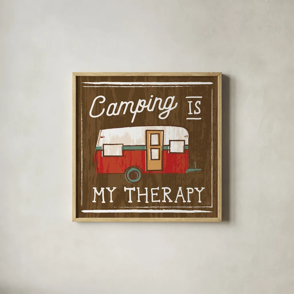 Comfy Camping IV by Melissa Averinos. Shown in a natural wood glass frame for a timeless modern aesthetic. Available as an archival giclee rolled canvas, fine art paper, or poster print. SKU 59740a.