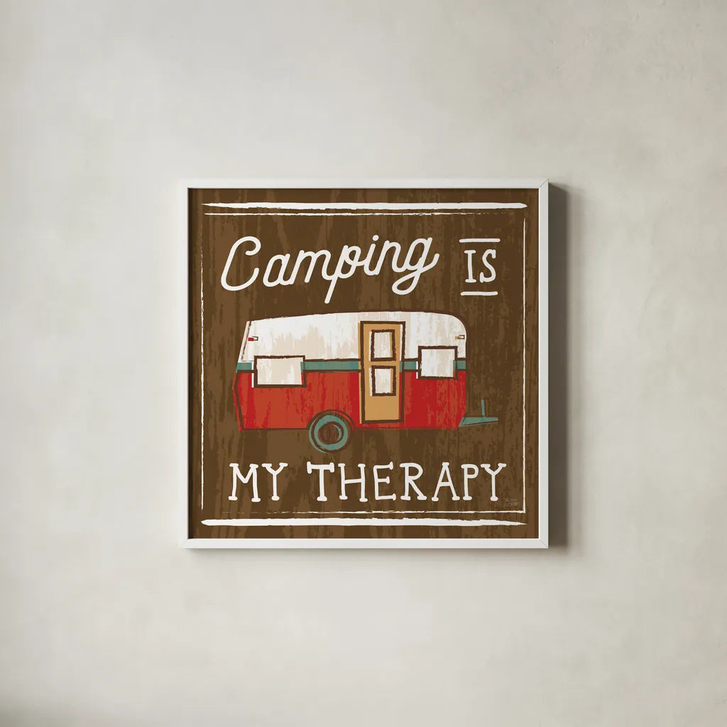 Comfy Camping IV by Melissa Averinos. Shown in a crisp white glass frame for a clean and minimalist style. Available as an archival giclee rolled canvas, fine art paper, or poster print. SKU 59740a.