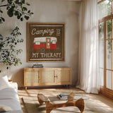 Comfy Camping IV by Melissa Averinos. Shown in a natural wood frame in a cozy modern living room. Available as an archival giclee rolled canvas, fine art paper, or poster print. SKU 59740a.