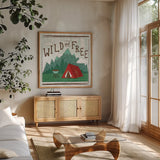 Comfy Camping V by Melissa Averinos. Shown in a natural wood frame in a cozy modern living room. Available as an archival giclee rolled canvas, fine art paper, or poster print. SKU 59741a.