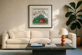 Comfy Camping V by Melissa Averinos. Displayed in a glass frame with matte in a clean modern living room. Available as an archival giclee rolled canvas, fine art paper, or poster print. SKU 59741a.