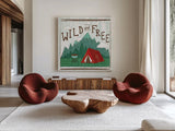 Comfy Camping V by Melissa Averinos. Shown as extra-large giant wall art in a modern living room. Available as an archival giclee rolled canvas, fine art paper, or poster print. SKU 59741a.