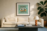 Comfy Camping VI by Melissa Averinos. Displayed in a glass frame with matte in a clean modern living room. Available as an archival giclee rolled canvas, fine art paper, or poster print. SKU 59742a.