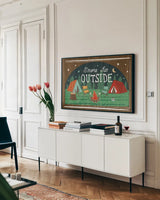 Comfy Camping VII by Melissa Averinos. shown as a framed stretched canvas in a living room above a console. Available as a archival giclee rolled canvas, fine art paper, or poster print. SKU 59743i.