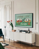 Comfy Camping VIII by Melissa Averinos. shown as a framed stretched canvas in a living room above a console. Available as a archival giclee rolled canvas, fine art paper, or poster print. SKU 59744i.