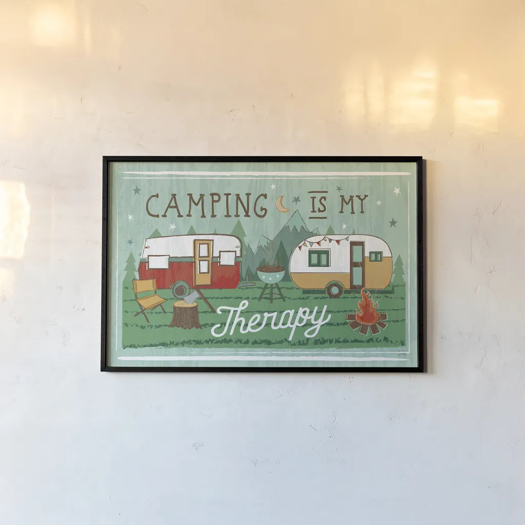 Comfy Camping VIII by Melissa Averinos. shown as a paper print in a black flame. Available as a archival giclee rolled canvas, fine art paper, or poster print. SKU 59744i.