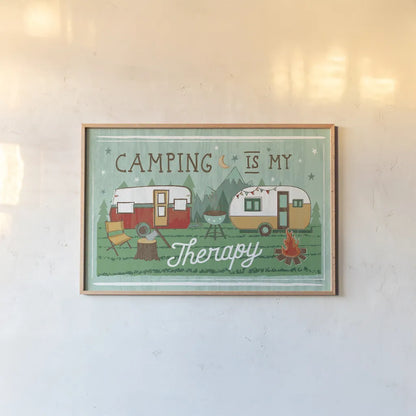 Comfy Camping VIII by Melissa Averinos. shown as a paper print in a natural frame. Available as a archival giclee rolled canvas, fine art paper, or poster print. SKU 59744i.