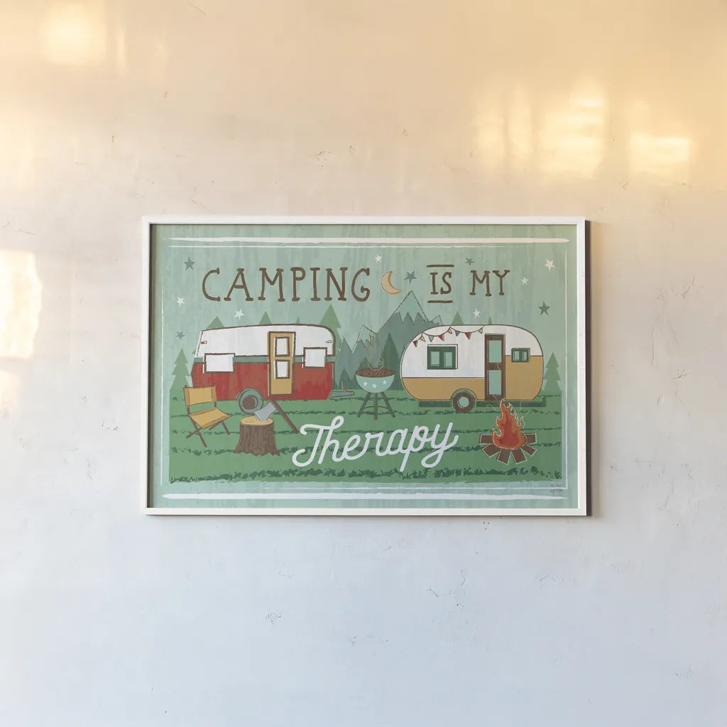 Comfy Camping VIII by Melissa Averinos. shown as a paper print in a white frame. Available as a archival giclee rolled canvas, fine art paper, or poster print. SKU 59744i.