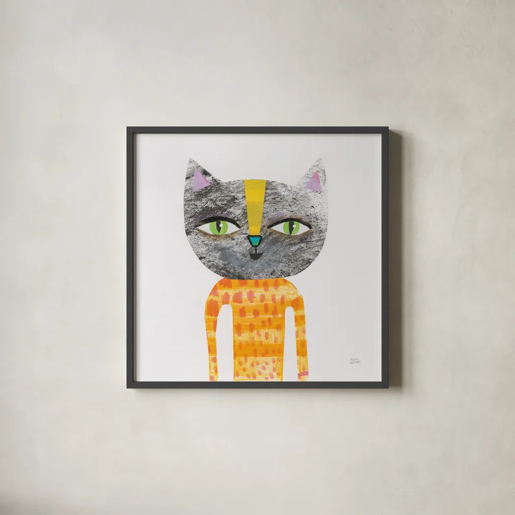 Cool Cats I by Melissa Averinos. Shown in a sleek black glass frame for a contemporary gallery look. Available as an archival giclee rolled canvas, fine art paper, or poster print. SKU 32893a.