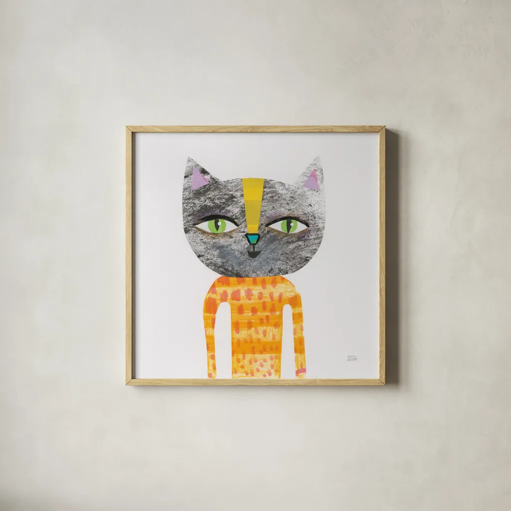 Cool Cats I by Melissa Averinos. Shown in a natural wood glass frame for a timeless modern aesthetic. Available as an archival giclee rolled canvas, fine art paper, or poster print. SKU 32893a.