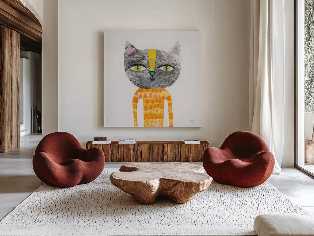 Cool Cats I by Melissa Averinos. Shown as extra-large giant wall art in a modern living room. Available as an archival giclee rolled canvas, fine art paper, or poster print. SKU 32893a.