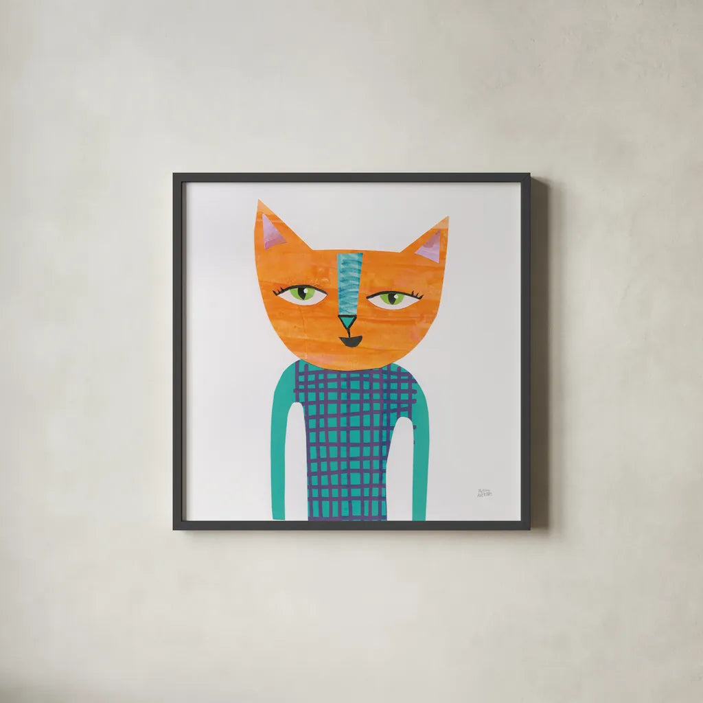Cool Cats II by Melissa Averinos. Shown in a sleek black glass frame for a contemporary gallery look. Available as an archival giclee rolled canvas, fine art paper, or poster print. SKU 32894a.
