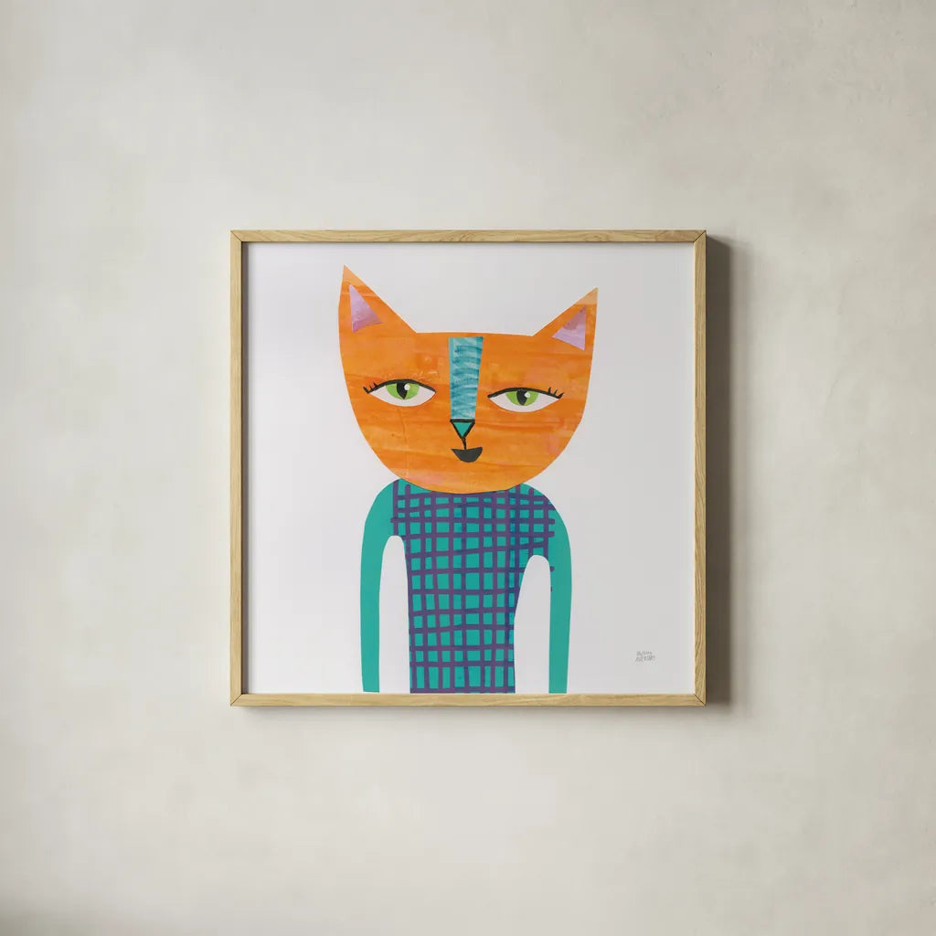 Cool Cats II by Melissa Averinos. Shown in a natural wood glass frame for a timeless modern aesthetic. Available as an archival giclee rolled canvas, fine art paper, or poster print. SKU 32894a.