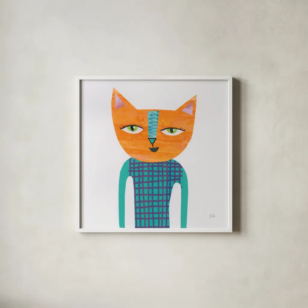 Cool Cats II by Melissa Averinos. Shown in a crisp white glass frame for a clean and minimalist style. Available as an archival giclee rolled canvas, fine art paper, or poster print. SKU 32894a.