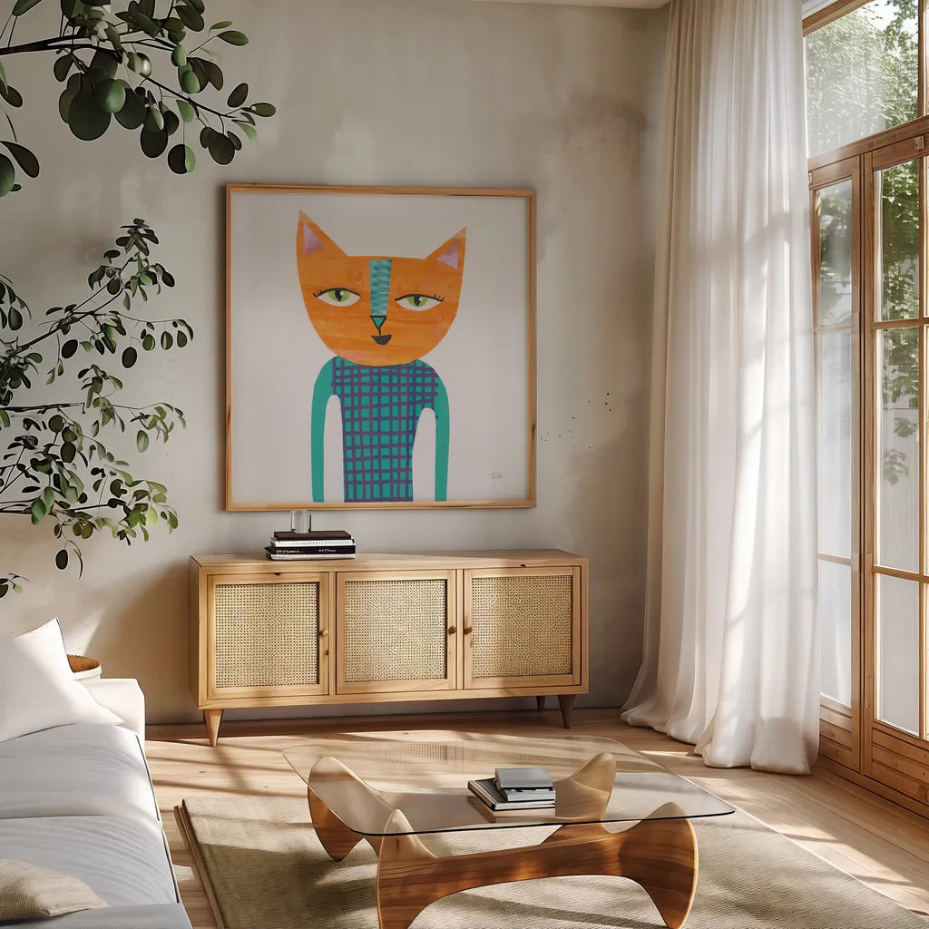 Cool Cats II by Melissa Averinos. Shown in a natural wood frame in a cozy modern living room. Available as an archival giclee rolled canvas, fine art paper, or poster print. SKU 32894a.