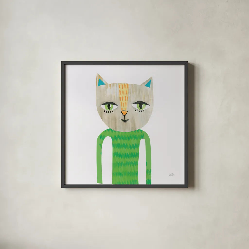 Cool Cats III by Melissa Averinos. Shown in a sleek black glass frame for a contemporary gallery look. Available as an archival giclee rolled canvas, fine art paper, or poster print. SKU 32895a.