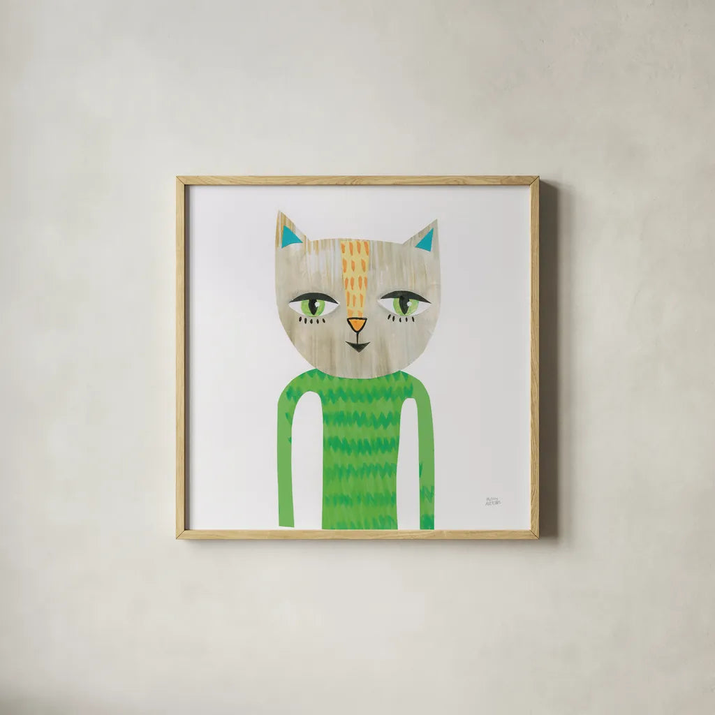 Cool Cats III by Melissa Averinos. Shown in a natural wood glass frame for a timeless modern aesthetic. Available as an archival giclee rolled canvas, fine art paper, or poster print. SKU 32895a.