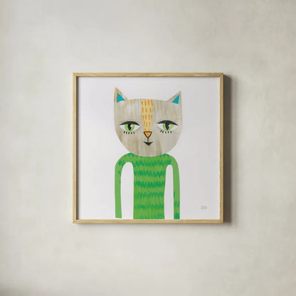 Cool Cats III by Melissa Averinos. Shown in a natural wood glass frame for a timeless modern aesthetic. Available as an archival giclee rolled canvas, fine art paper, or poster print. SKU 32895a.