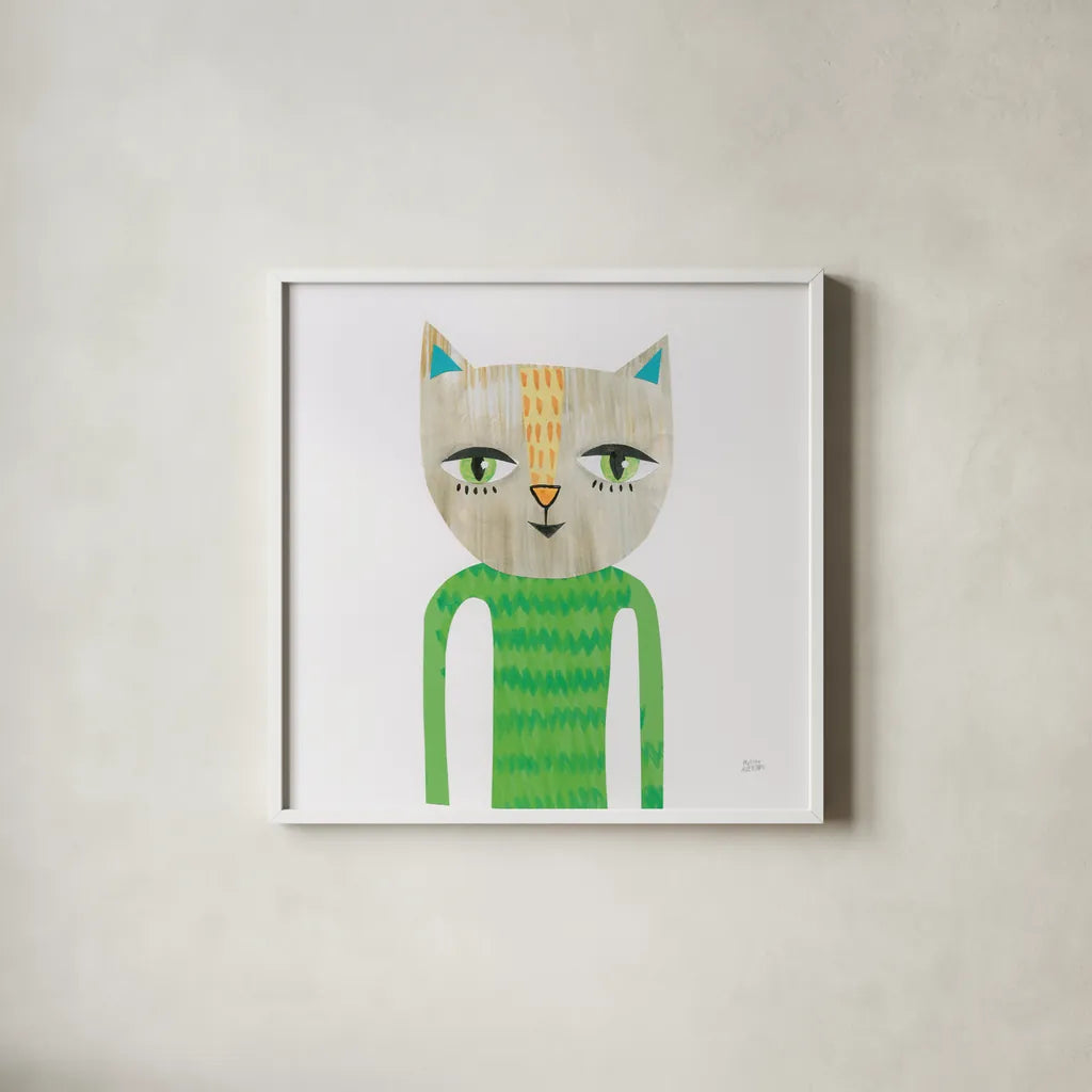 Cool Cats III by Melissa Averinos. Shown in a crisp white glass frame for a clean and minimalist style. Available as an archival giclee rolled canvas, fine art paper, or poster print. SKU 32895a.