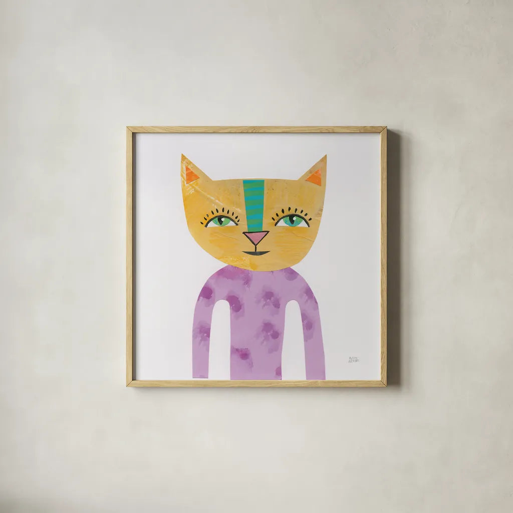 Cool Cats IV by Melissa Averinos. Shown in a natural wood glass frame for a timeless modern aesthetic. Available as an archival giclee rolled canvas, fine art paper, or poster print. SKU 32896a.