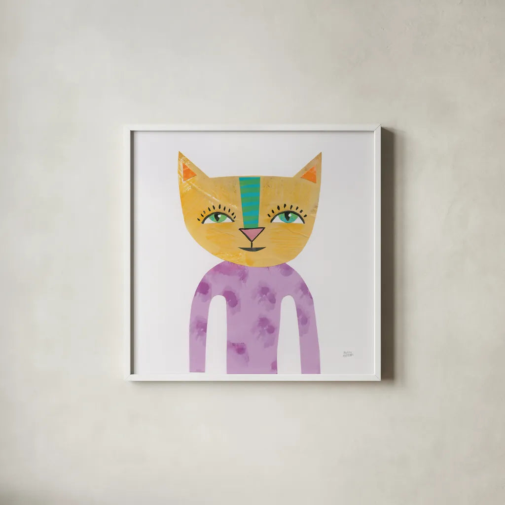 Cool Cats IV by Melissa Averinos. Shown in a crisp white glass frame for a clean and minimalist style. Available as an archival giclee rolled canvas, fine art paper, or poster print. SKU 32896a.