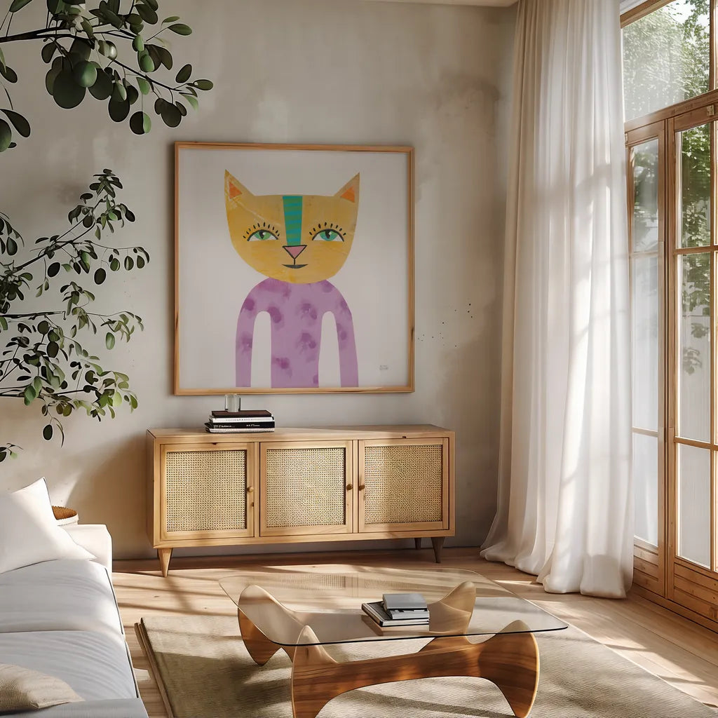 Cool Cats IV by Melissa Averinos. Shown in a natural wood frame in a cozy modern living room. Available as an archival giclee rolled canvas, fine art paper, or poster print. SKU 32896a.