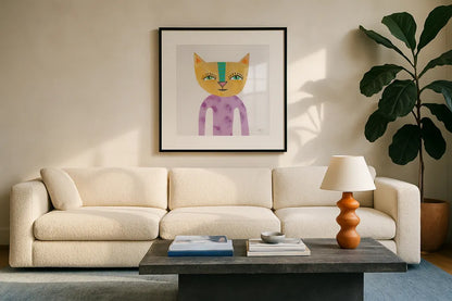 Cool Cats IV by Melissa Averinos. Displayed in a glass frame with matte in a clean modern living room. Available as an archival giclee rolled canvas, fine art paper, or poster print. SKU 32896a.