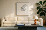 Cool Sayings II BW by Melissa Averinos. Displayed in a glass frame with matte in a clean modern living room. Available as an archival giclee rolled canvas, fine art paper, or poster print. SKU 64388a.
