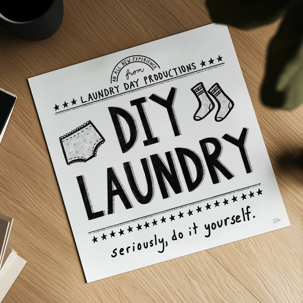 DIY Laundry by Melissa Averinos. Shown as a detailed flat fine art print, highlighting archival giclee quality. Available as an archival giclee rolled canvas, fine art paper, or poster print. SKU 59178a.