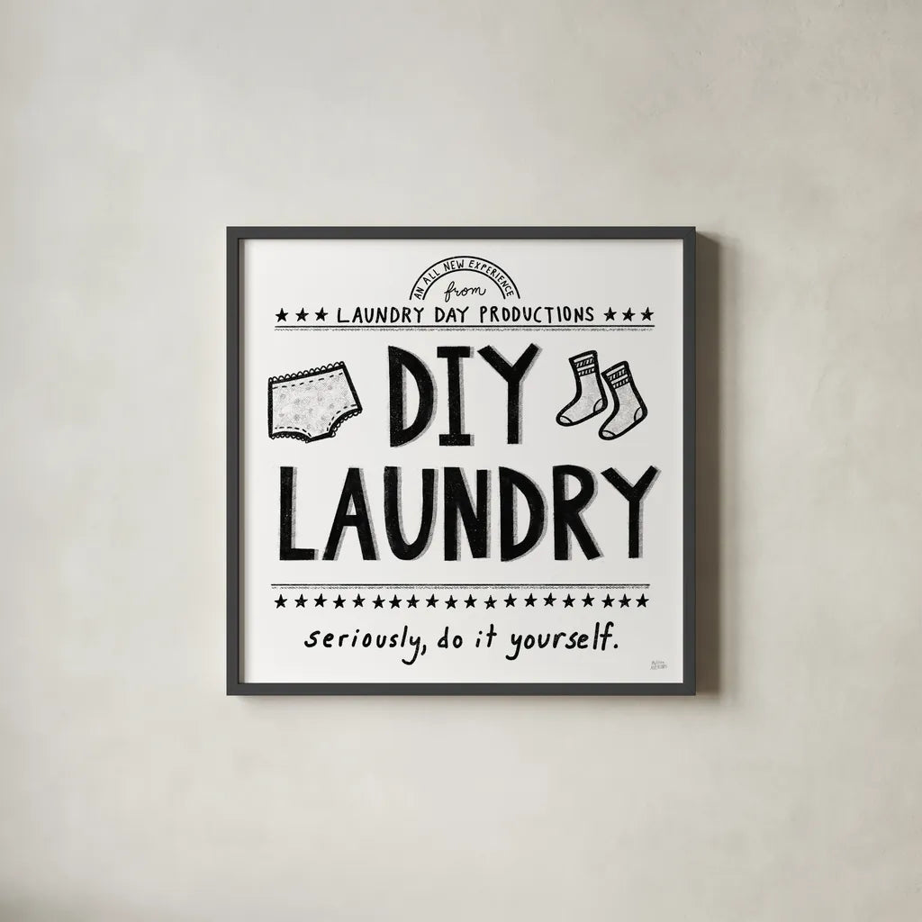 DIY Laundry by Melissa Averinos. Shown in a sleek black glass frame for a contemporary gallery look. Available as an archival giclee rolled canvas, fine art paper, or poster print. SKU 59178a.
