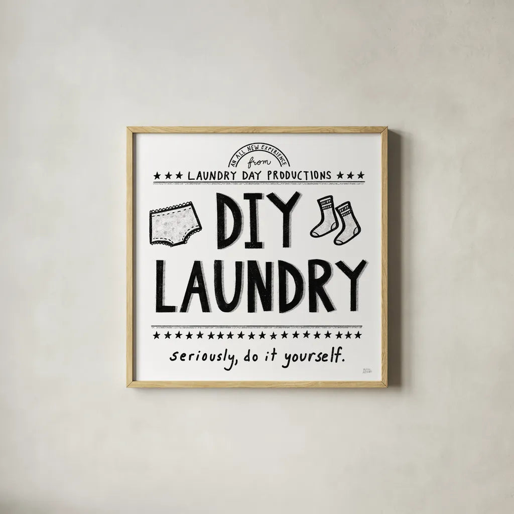 DIY Laundry by Melissa Averinos. Shown in a natural wood glass frame for a timeless modern aesthetic. Available as an archival giclee rolled canvas, fine art paper, or poster print. SKU 59178a.