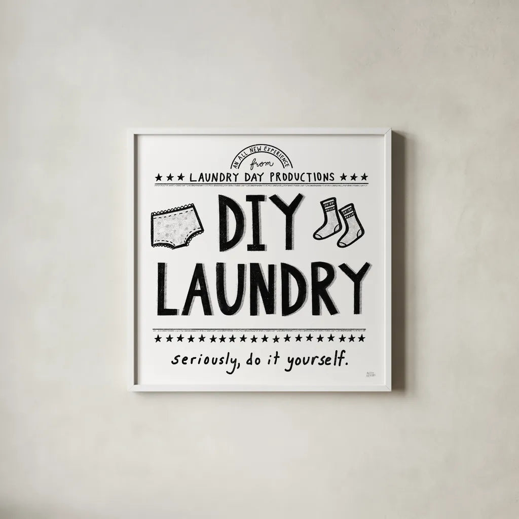 DIY Laundry by Melissa Averinos. Shown in a crisp white glass frame for a clean and minimalist style. Available as an archival giclee rolled canvas, fine art paper, or poster print. SKU 59178a.