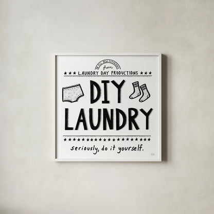 DIY Laundry by Melissa Averinos. Shown in a crisp white glass frame for a clean and minimalist style. Available as an archival giclee rolled canvas, fine art paper, or poster print. SKU 59178a.